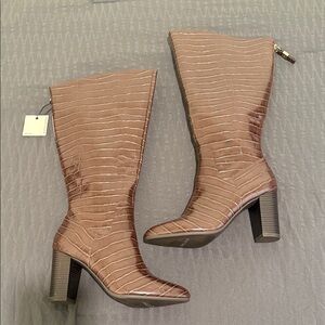 Anne Klein Brown Croc-Embossed Heeled Boots